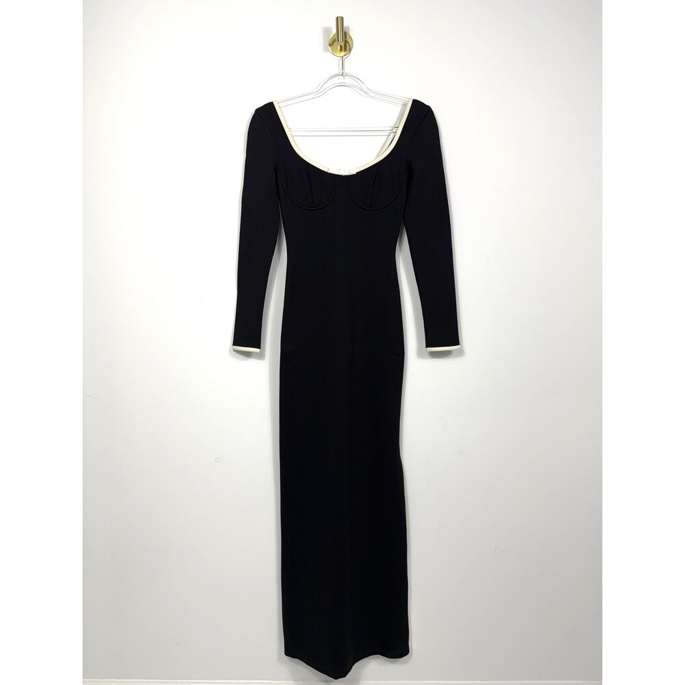 STAUD Berry Dress sleek black maxi white trim neckline long sleeves Sz XS - Picture 4 of 14